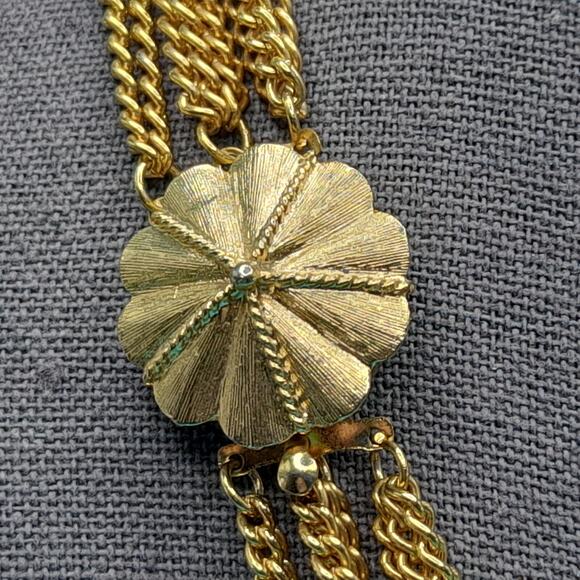 Vintage Japan Multi-Strand Gold Tone Necklace, Layered Chains, Floral Clasp, 19 - Picture 3 of 10